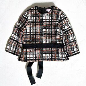 Magnolia Preppy Twee Jacquard‎ Blouse Womens XL Sash Belt Academia Preppy Plaid
